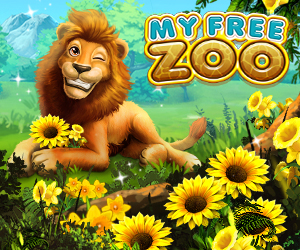 My Free Zoo Teaser Grafik ein Löwe sitzt fröhlich grinsend auf einer grünen Wiese